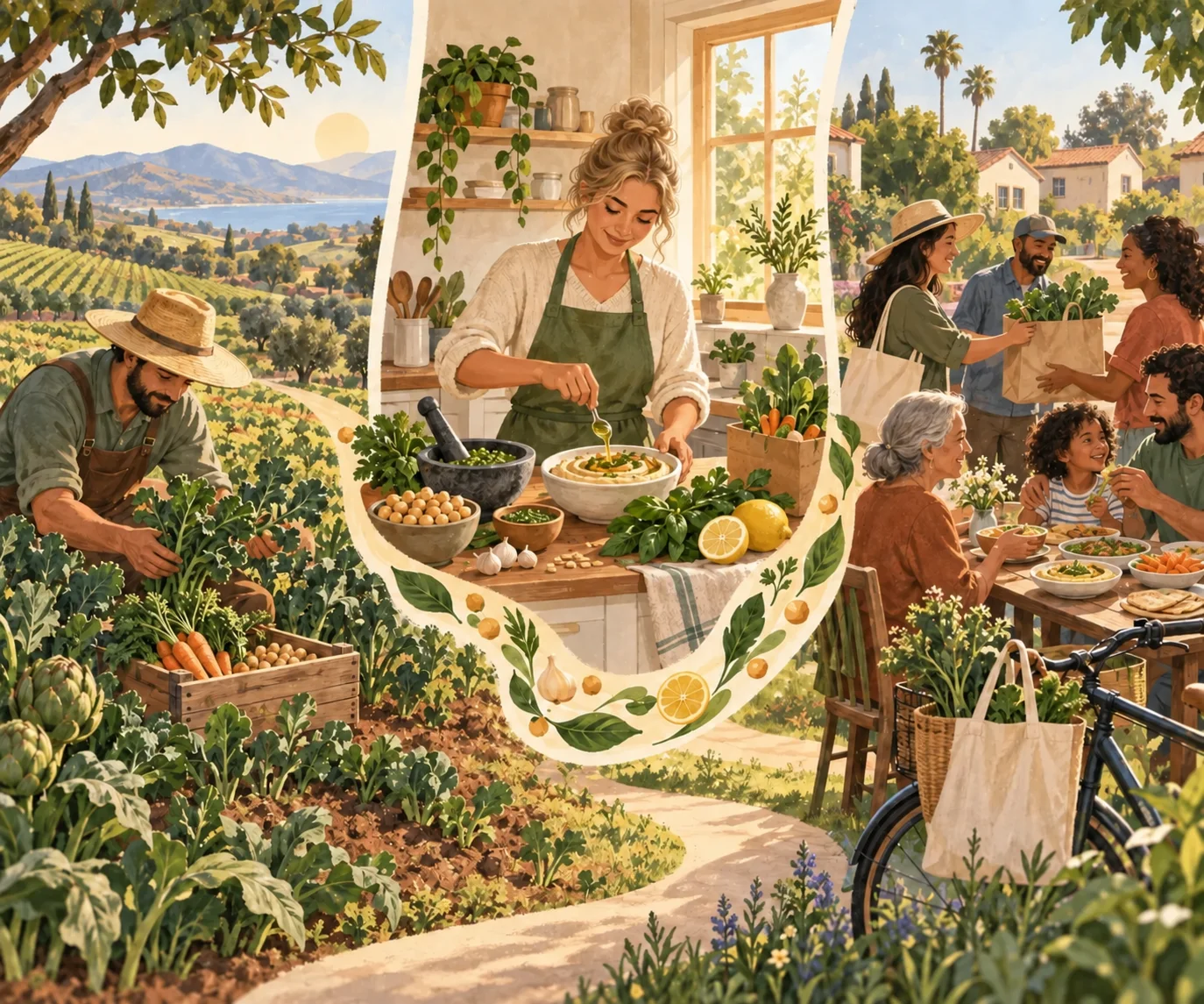 A local food journey: a farmer harvesting fresh ingredients, a blonde maker preparing food in a home kitchen, and neighbors sharing a meal together
